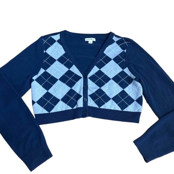 Aeropostale Light Blue Navy Blue Argyle Style Crop Top Cardigan Sweater Size XLG - Picture 8 of 8